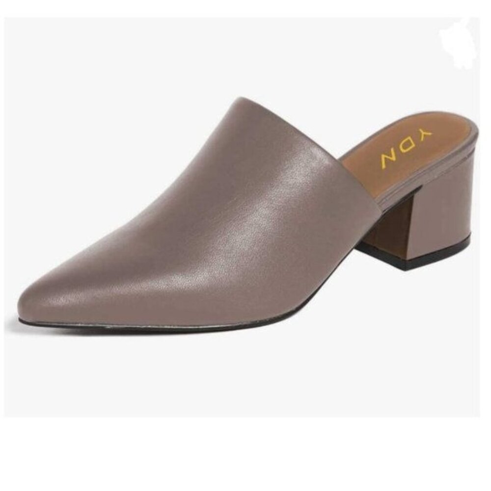YDN Grey Block Low Heel Mules Slip on Loafers Pointed Toe Sandals Slide Shoes